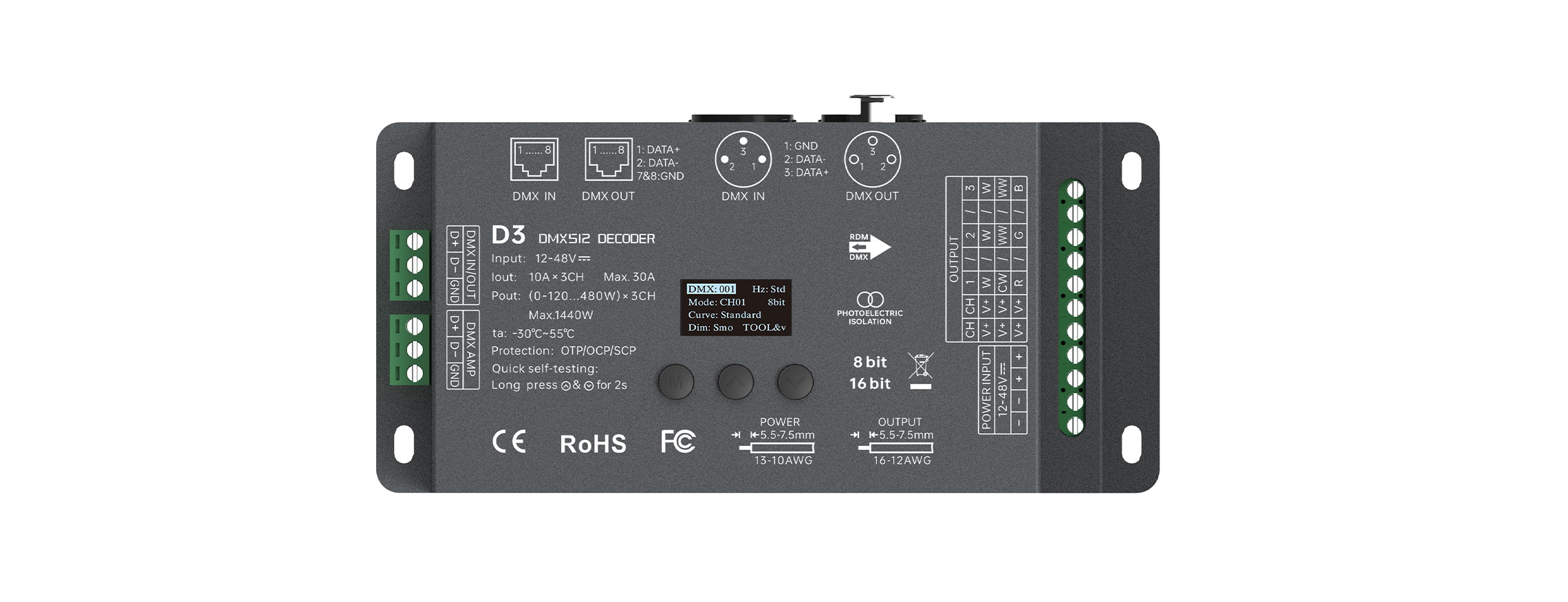 12-48VDC 3CHx10A CV DMX512/RDM Decoder D3