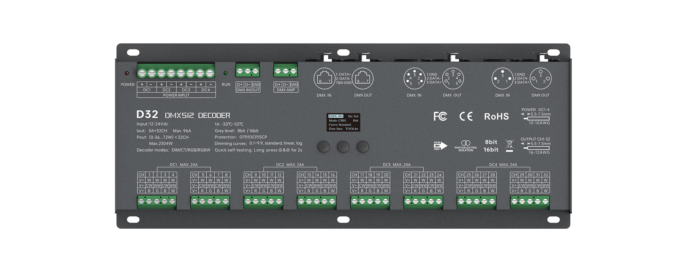 12-24VDC 32CHx3A CV DMX512/RDM Decoder D32