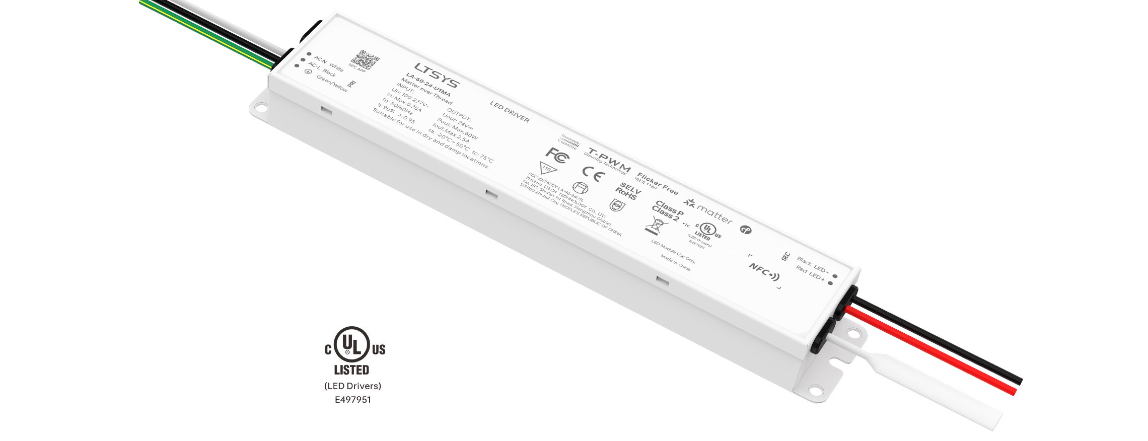 60W 24V UL Certification NFC CV Matter LED Driver LA-60-24-U1MA
